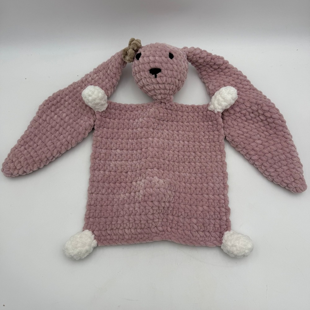 Handmade Crochet Bunny Lovey Pink Chenille Yarn Security Blanket Floppy Ears